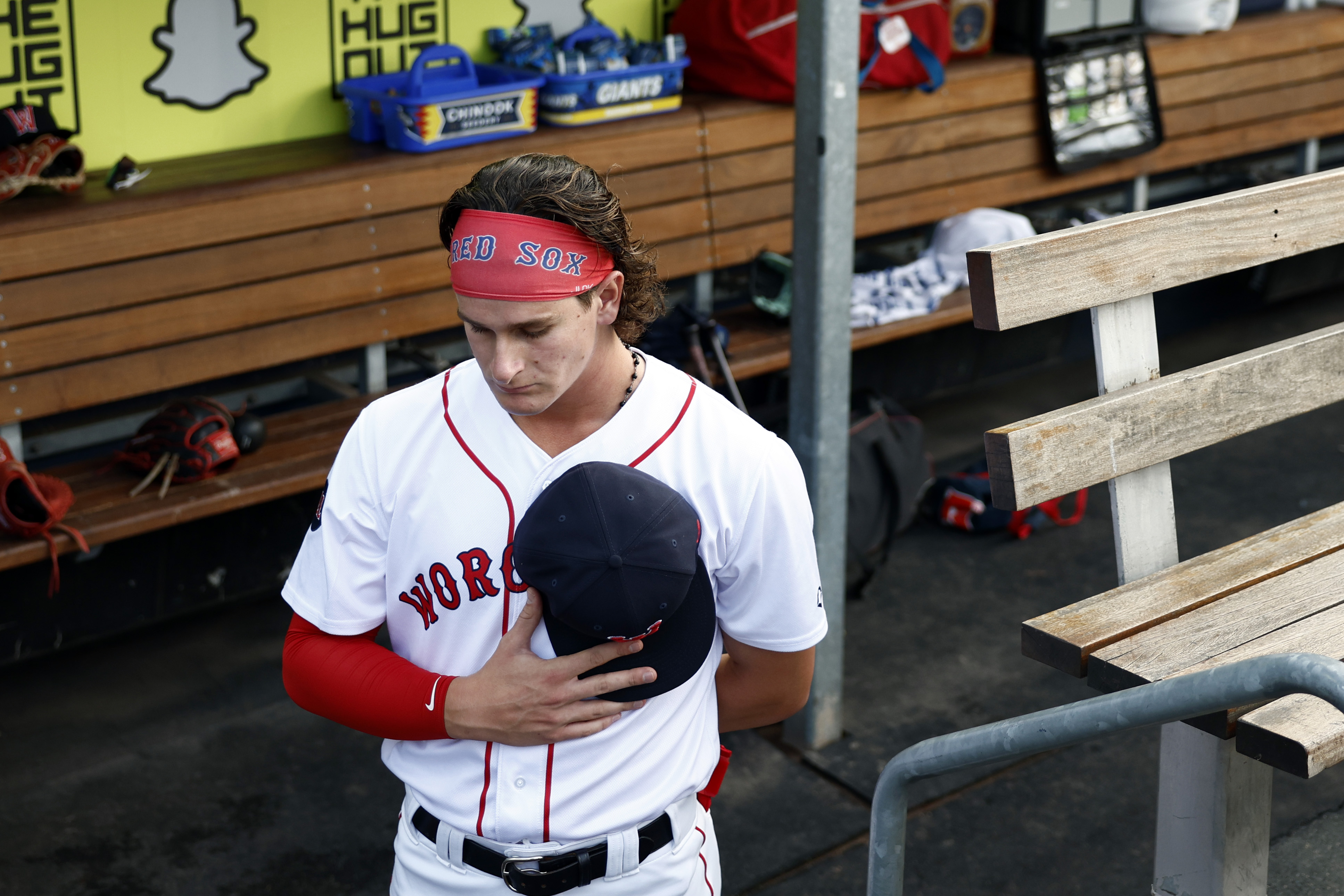 Worcester Red Sox outfielder Roman Anthony stands for the playing of the national anthem before his first game at Polar Park.