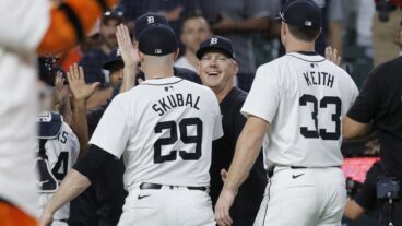 DETROIT, MI - AUGUST 31: Manager A.J. Hinch #14 of the Detroit Tigers smiles at starting pitcher Tarik Skubal #29 and Colt Keith #33 after a win over the Boston Red Sox at Comerica Park on August 31, 2024 in Detroit, Michigan. (Photo by Duane Burleson/Getty Images)