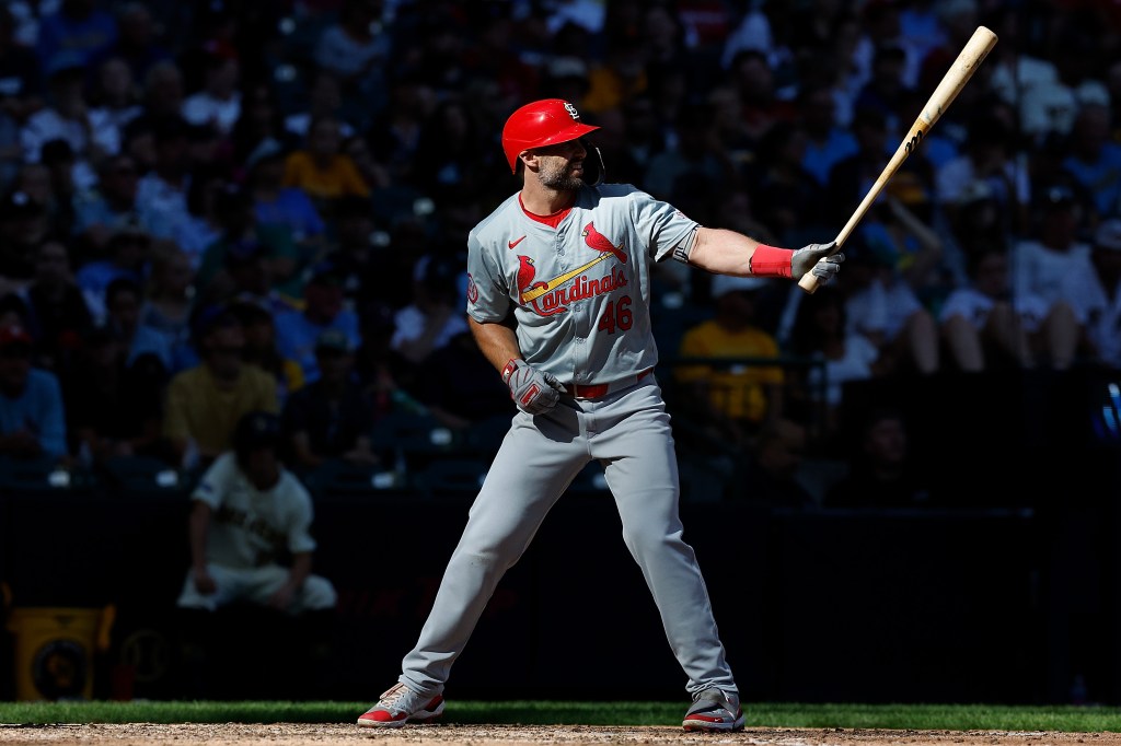 MILWAUKEE, WISCONSIN - SEPTEMBER 02: Paul Goldschmidt #46 of the St. Louis Cardinals up to bat as the sun shines through the stadium windows during the game against the Milwaukee Brewers at American Family Field on September 02, 2024 in Milwaukee, Wisconsin. (Photo by John Fisher/Getty Images)