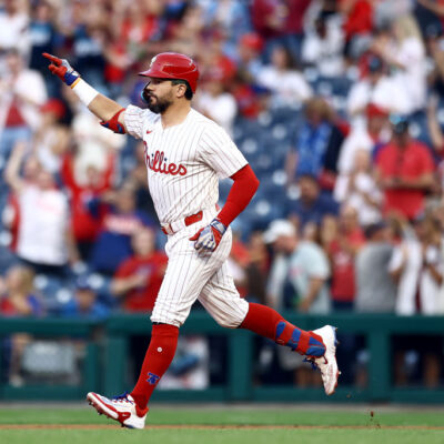 PHILADELPHIA, PENNSYLVANIA - SEPTEMBER 10: Kyle Schwarber #12 of the Philadelphia Phillies rounds bases after hitting a solo home run during the first inning against the Tampa Bay Rays at Citizens Bank Park on September 10, 2024 in Philadelphia, Pennsylvania. (Photo by Tim Nwachukwu/Getty Images)