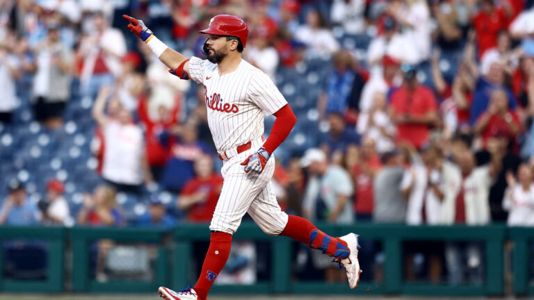 PHILADELPHIA, PENNSYLVANIA - SEPTEMBER 10: Kyle Schwarber #12 of the Philadelphia Phillies rounds bases after hitting a solo home run during the first inning against the Tampa Bay Rays at Citizens Bank Park on September 10, 2024 in Philadelphia, Pennsylvania. (Photo by Tim Nwachukwu/Getty Images)