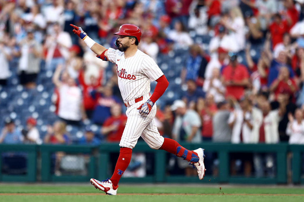 PHILADELPHIA, PENNSYLVANIA - SEPTEMBER 10: Kyle Schwarber #12 of the Philadelphia Phillies rounds bases after hitting a solo home run during the first inning against the Tampa Bay Rays at Citizens Bank Park on September 10, 2024 in Philadelphia, Pennsylvania. (Photo by Tim Nwachukwu/Getty Images)