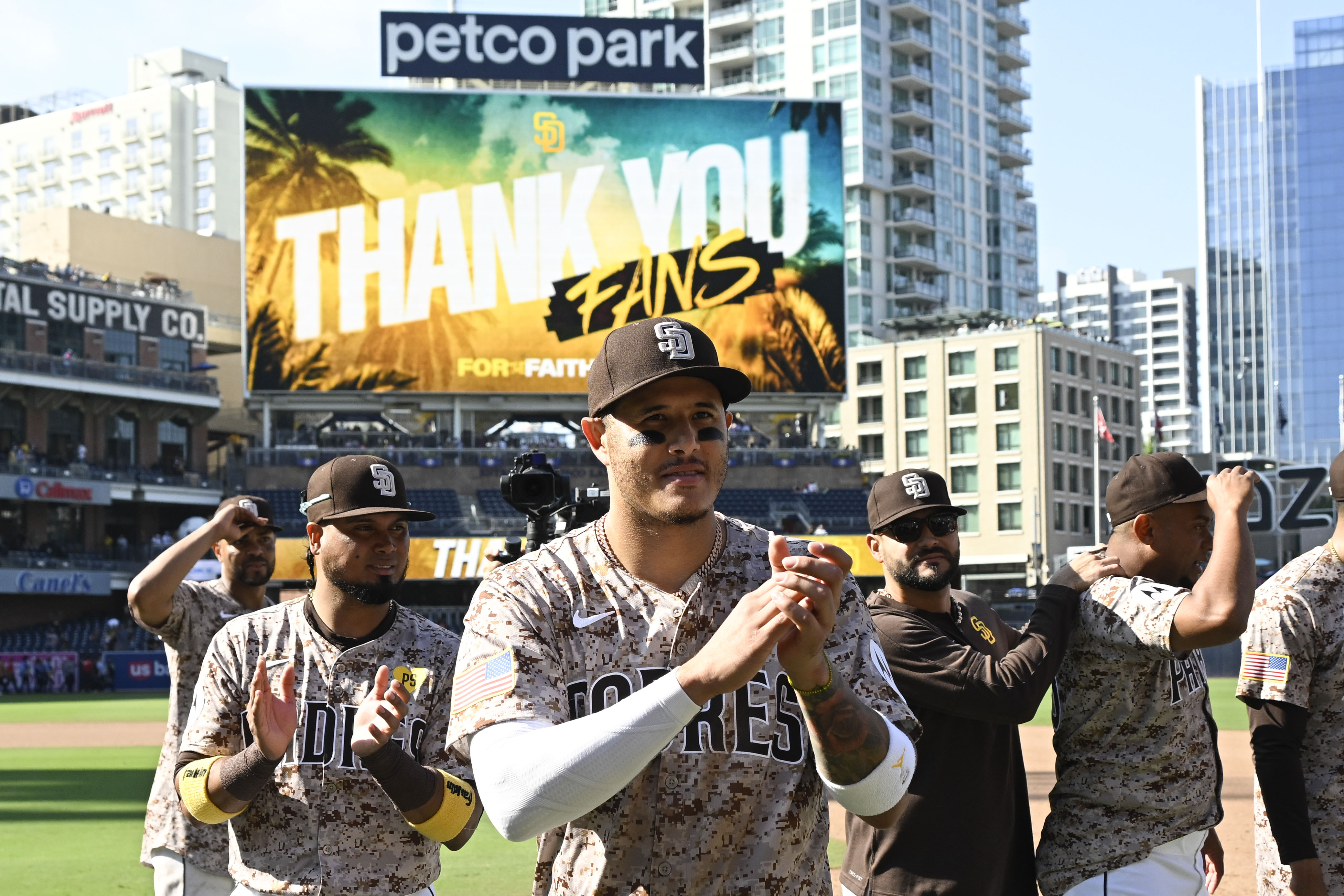 SAN DIEGO, CA - SEPTEMBER 22: Manny Machado #13 of the San Diego Padres acknowledges the fans after a 4-2 win over the Chicago White Sox September 22, 2024 at Petco Park in San Diego, California. (Photo by Denis Poroy/Getty Images)