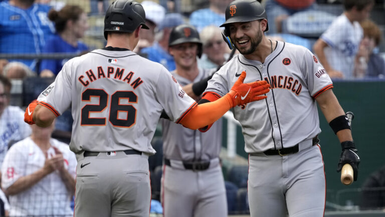 KANSAS CITY, MISSOURI - SEPTEMBER 21: Matt Chapman #26 of the San Francisco Giants celebrates his home run with Michael Conforto #8 of the San Francisco Giants in the fourth inning against the Kansas City Royals at Kauffman Stadium on September 21, 2024 in Kansas City, Missouri. (Photo by Ed Zurga/Getty Images)