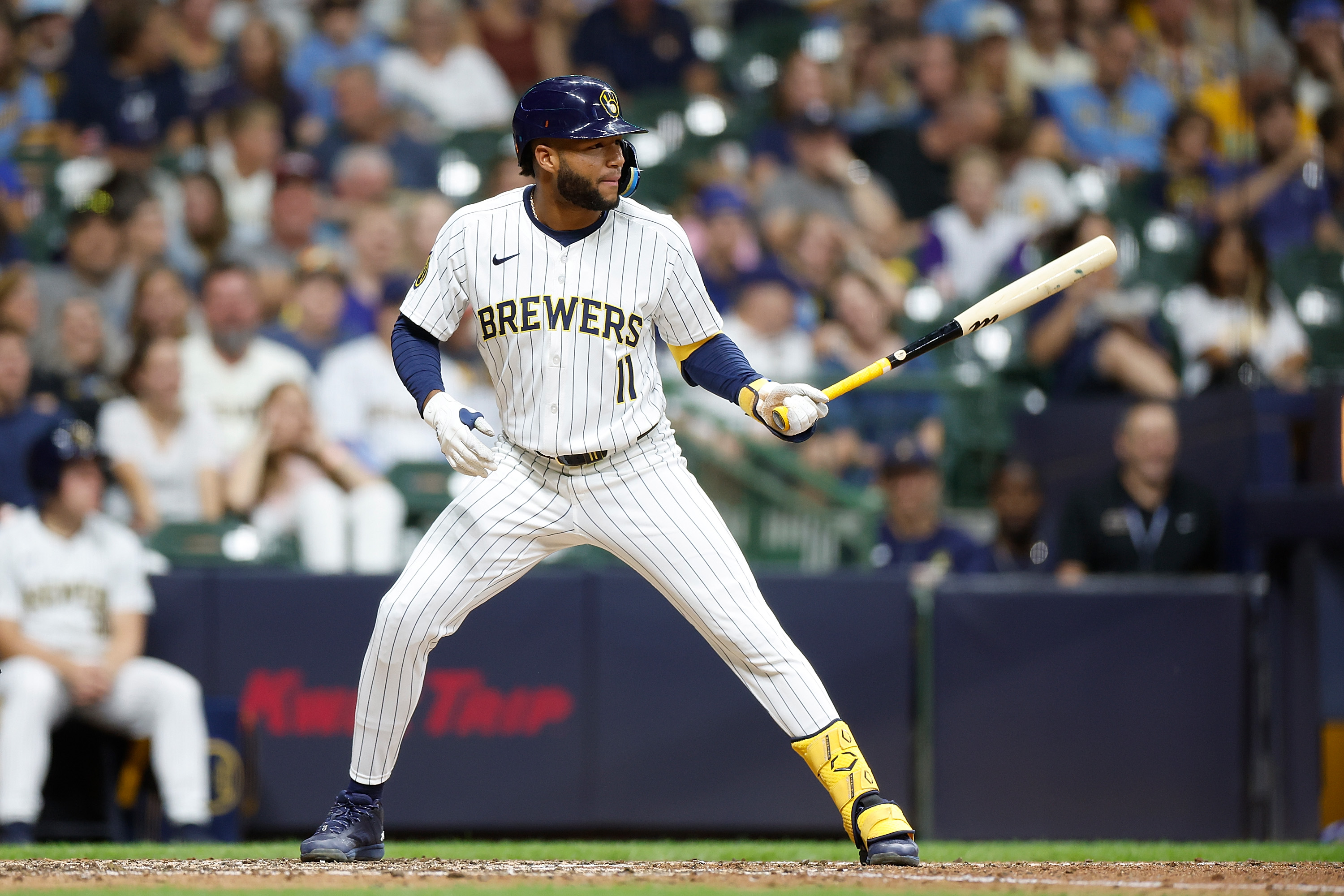 Jackson Chourio #11 of the Milwaukee Brewers up to bat against the Arizona Diamondbacks at American Family Field.