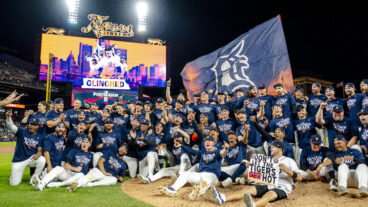DETROIT, MICHIGAN - SEPTEMBER 27: The Detroit Tigers pose for a group photo after their win against the Chicago White Sox and clinching a wild card berth at Comerica Park on September 27, 2024 in Detroit, Michigan. (Photo by Nic Antaya/Getty Images)