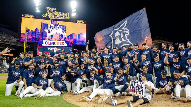 DETROIT, MICHIGAN - SEPTEMBER 27: The Detroit Tigers pose for a group photo after their win against the Chicago White Sox and clinching a wild card berth at Comerica Park on September 27, 2024 in Detroit, Michigan. (Photo by Nic Antaya/Getty Images)