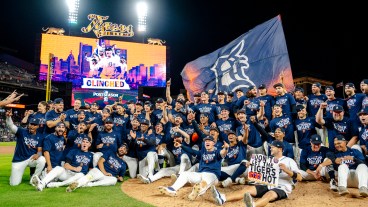 DETROIT, MICHIGAN - SEPTEMBER 27: The Detroit Tigers pose for a group photo after their win against the Chicago White Sox and clinching a wild card berth at Comerica Park on September 27, 2024 in Detroit, Michigan. (Photo by Nic Antaya/Getty Images)