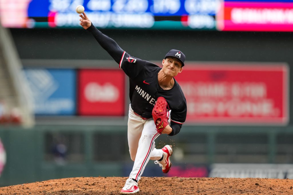 Griffin Jax of the Minnesota Twins pitches against the Tampa Bay Rays at Target Field.