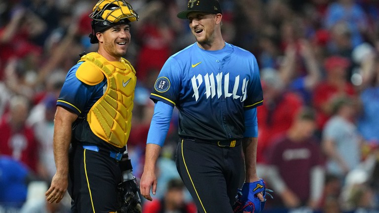 J.T. Realmuto and Jeff Hoffman of the Philadelphia Phillies react after the game against the Washington Nationals at Citizens Bank Park.