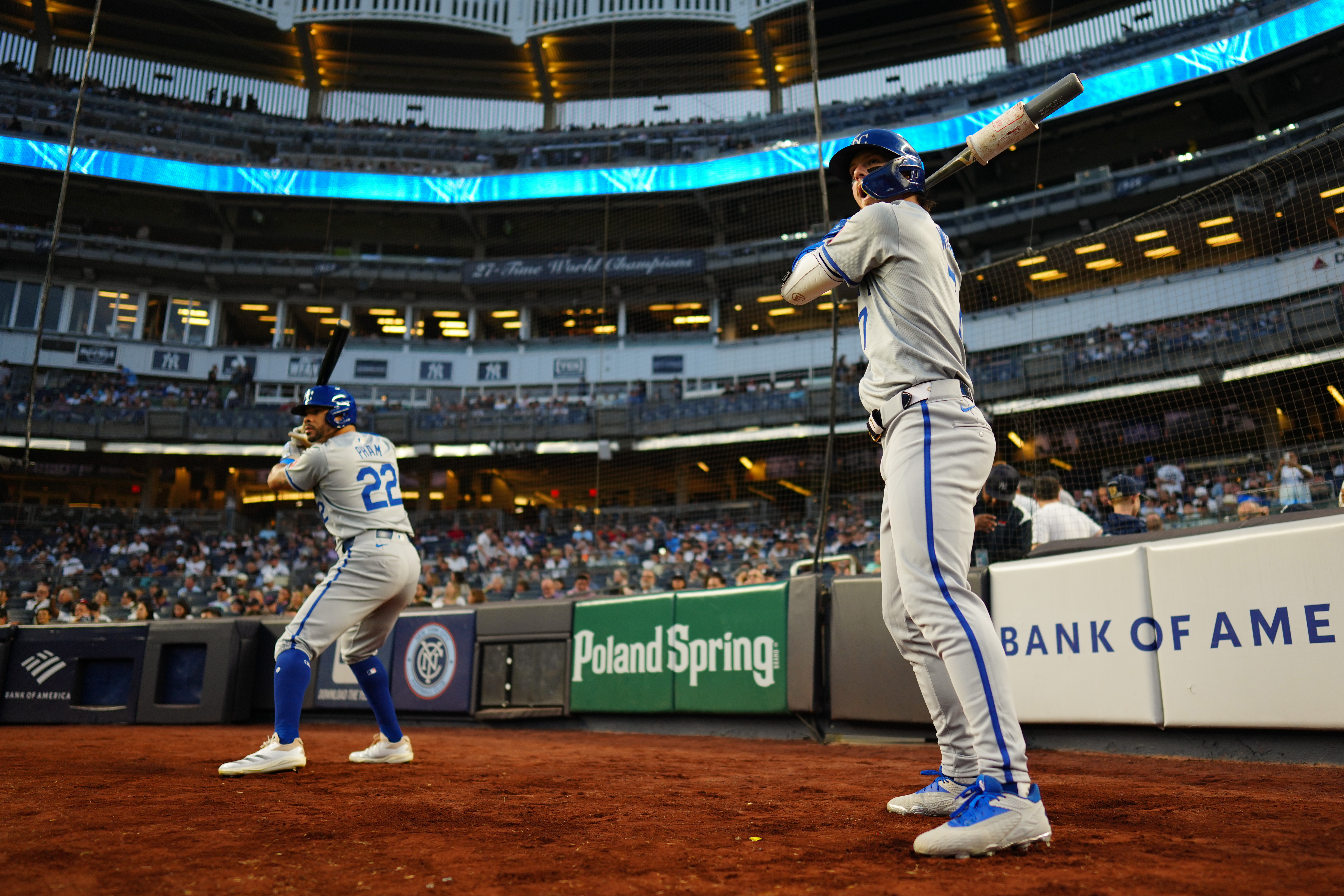 Bobby Witt Jr. #7 of the Kansas City Royals prepares to bat in the first inning during the game between the Kansas City Royals and the New York Yankees at Yankee Stadium.