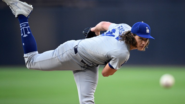 Tyler Glasnow of the Los Angeles Dodgers pitches against the San Diego Padres during the first inning at Petco Park.