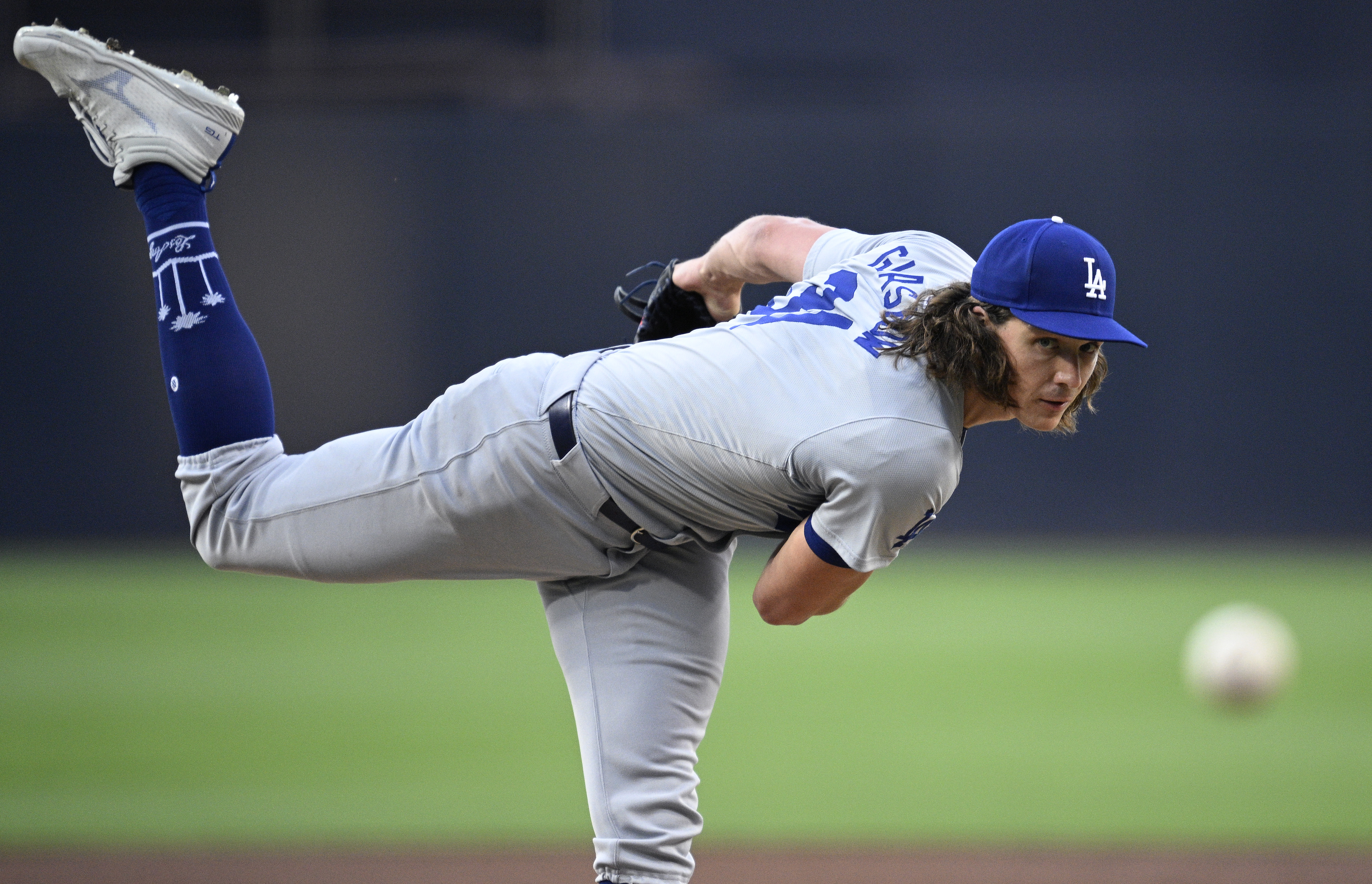 Tyler Glasnow of the Los Angeles Dodgers pitches against the San Diego Padres during the first inning at Petco Park.