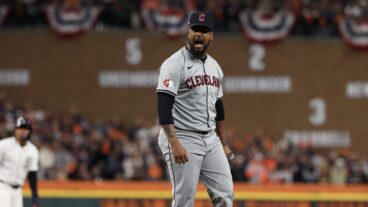 Emmanuel Clase of the Cleveland Guardians reacts after a strike out during the eighth inning against the Detroit Tigers during Game Four of the Division Series at Comerica Park.