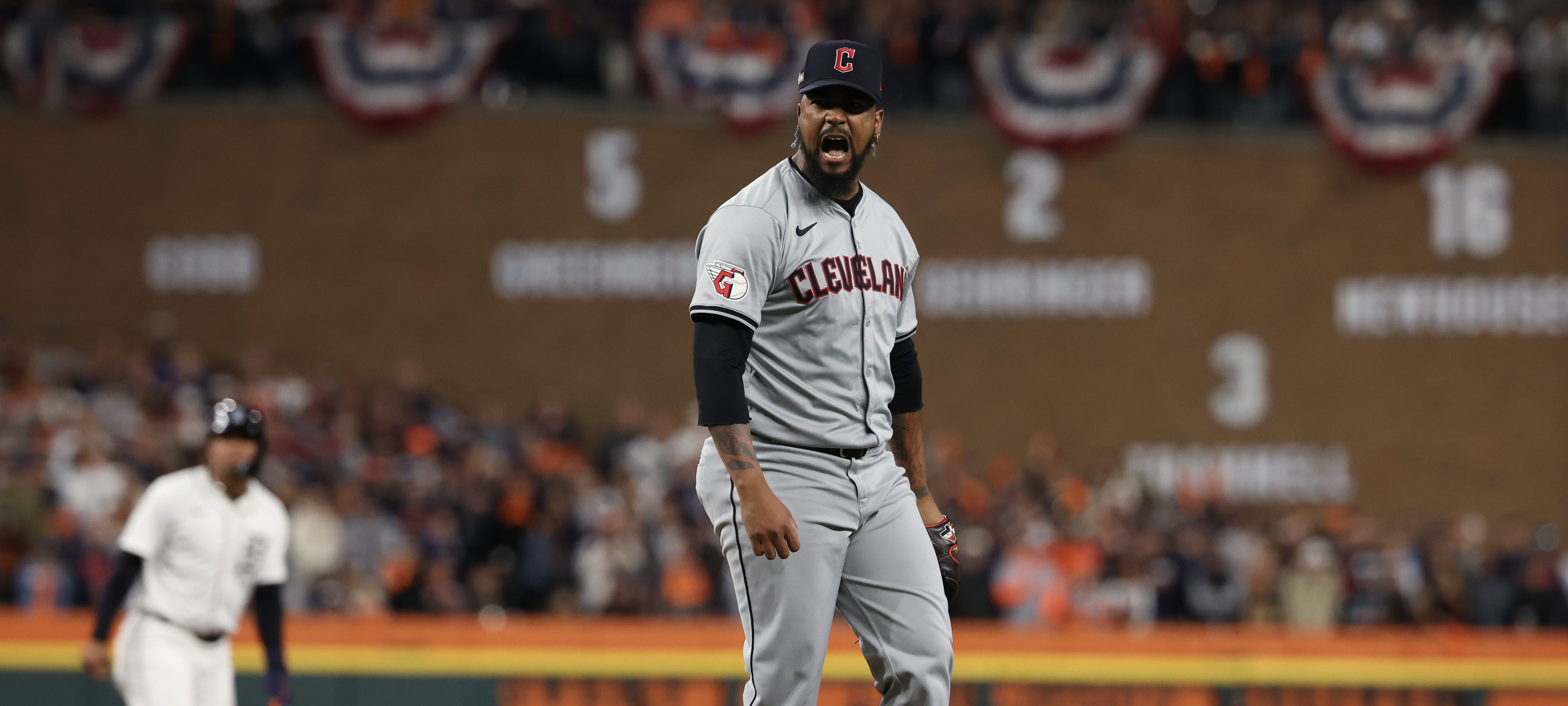 Emmanuel Clase of the Cleveland Guardians reacts after a strike out during the eighth inning against the Detroit Tigers during Game Four of the Division Series at Comerica Park.