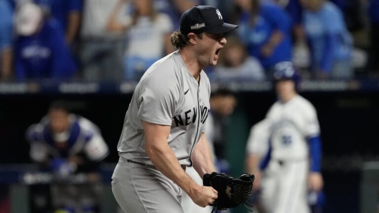 Gerrit Cole of the New York Yankees reacts during the seventh inning against the Kansas City Royals during Game Four of the Division Series at Kauffman Stadium.