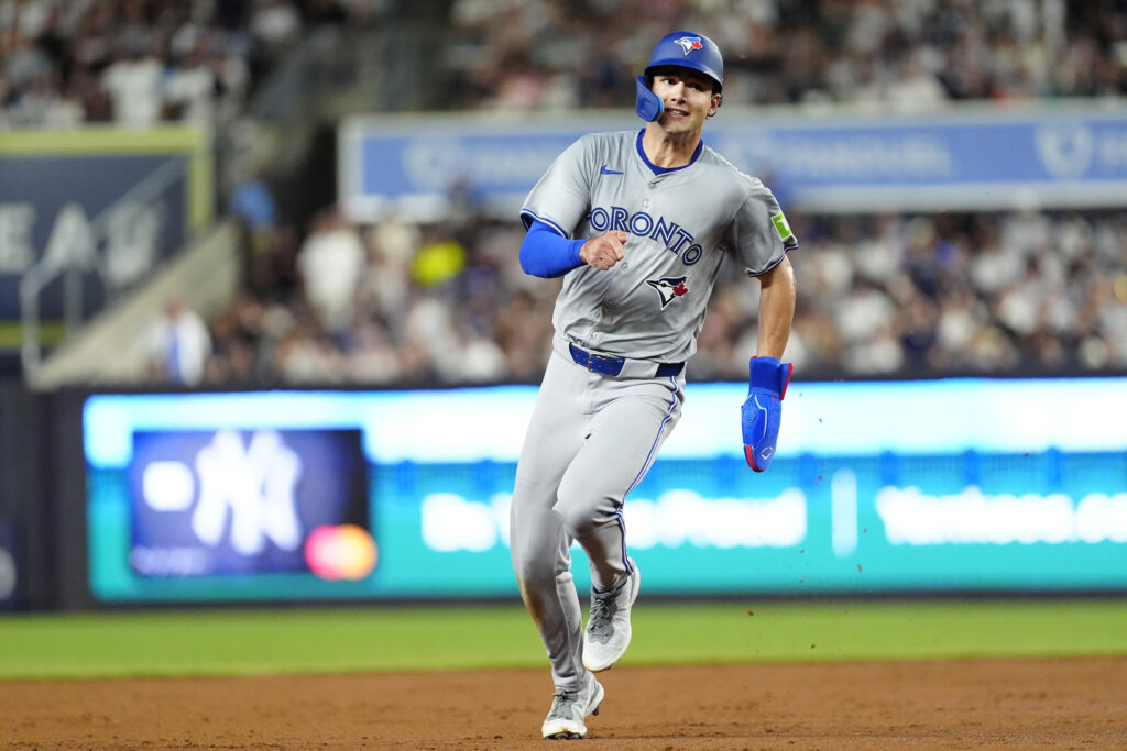 BRONX, NY - AUGUST 02: Toronto Blue Jays Left Fielder Joey Loperfido (9) advances to third base on Toronto Blue Jays First Baseman Vladimir Guerrero Jr. (not pictured) single during the third inning of the Major League Baseball game between the Toronto Blue Jays and New York Yankees on August 2, 2024, at Yankee Stadium in the Bronx, NY. (Photo by Gregory Fisher/Icon Sportswire via Getty Images)