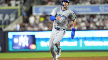 BRONX, NY - AUGUST 02: Toronto Blue Jays Left Fielder Joey Loperfido (9) advances to third base on Toronto Blue Jays First Baseman Vladimir Guerrero Jr. (not pictured) single during the third inning of the Major League Baseball game between the Toronto Blue Jays and New York Yankees on August 2, 2024, at Yankee Stadium in the Bronx, NY. (Photo by Gregory Fisher/Icon Sportswire via Getty Images)
