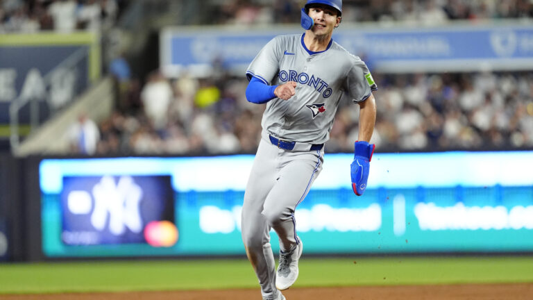 BRONX, NY - AUGUST 02: Toronto Blue Jays Left Fielder Joey Loperfido (9) advances to third base on Toronto Blue Jays First Baseman Vladimir Guerrero Jr. (not pictured) single during the third inning of the Major League Baseball game between the Toronto Blue Jays and New York Yankees on August 2, 2024, at Yankee Stadium in the Bronx, NY. (Photo by Gregory Fisher/Icon Sportswire via Getty Images)