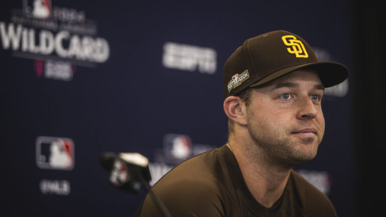 SAN DIEGO, CALIFORNIA - SEPTEMBER 30: Michael King #34 of the San Diego Padres speaks to the media during his press availability before the San Deigo Padres workout at Petco Park on September 30, 2024 in San Diego, California. (Photo by Matt Thomas/San Diego Padres/Getty Images)