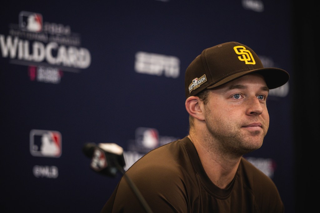 SAN DIEGO, CALIFORNIA - SEPTEMBER 30: Michael King #34 of the San Diego Padres speaks to the media during his press availability before the San Deigo Padres workout at Petco Park on September 30, 2024 in San Diego, California. (Photo by Matt Thomas/San Diego Padres/Getty Images)