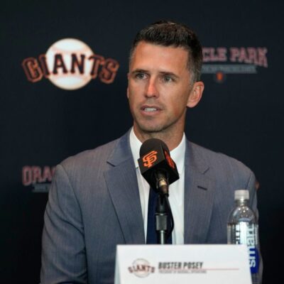 Buster Posey speaks during a press conference announcing his new role as President of Baseball Operations of the San Francisco Giants at Oracle Park.