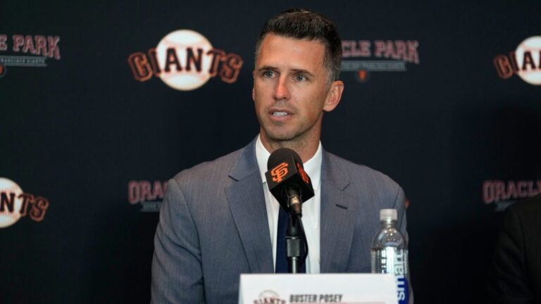 Buster Posey speaks during a press conference announcing his new role as President of Baseball Operations of the San Francisco Giants at Oracle Park.