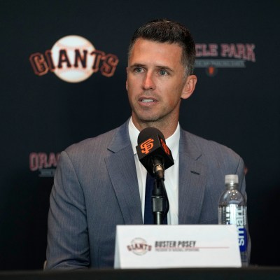 SAN FRANCISCO, CALIFORNIA - OCTOBER 1: Buster Posey speaks during a press conference announcing his new role as President of Baseball Operations of the San Francisco Giants at Oracle Park on October 1, 2024 in San Francisco, California. (Photo by Andy Kuno/San Francisco Giants/Getty Images)