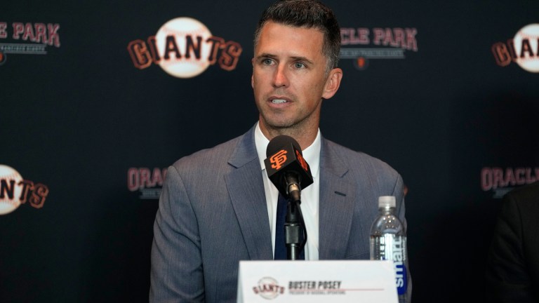 SAN FRANCISCO, CALIFORNIA - OCTOBER 1: Buster Posey speaks during a press conference announcing his new role as President of Baseball Operations of the San Francisco Giants at Oracle Park on October 1, 2024 in San Francisco, California. (Photo by Andy Kuno/San Francisco Giants/Getty Images)