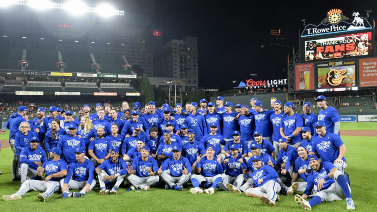 BALTIMORE, MD - OCTOBER 02: The Kansas City Royals celebrate on the field following the Wild Card Playoff game between the Kansas City Royals versus the Baltimore Orioles on October 2, 2024 at Oriole Park at Camden Yards in Baltimore, MD. (Photo by Mark Goldman/Icon Sportswire via Getty Images)