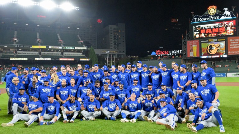 BALTIMORE, MD - OCTOBER 02: The Kansas City Royals celebrate on the field following the Wild Card Playoff game between the Kansas City Royals versus the Baltimore Orioles on October 2, 2024 at Oriole Park at Camden Yards in Baltimore, MD. (Photo by Mark Goldman/Icon Sportswire via Getty Images)