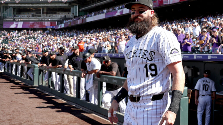 DENVER, COLORADO - SEPTEMBER 29: Charlie Blackmon #19 of the Colorado Rockies waits outside the dugout before their game against the Los Angels Dodgers at Coors Field on September 29, 2024 in Denver, Colorado. (Photo by Matthew Stockman/Getty Images)