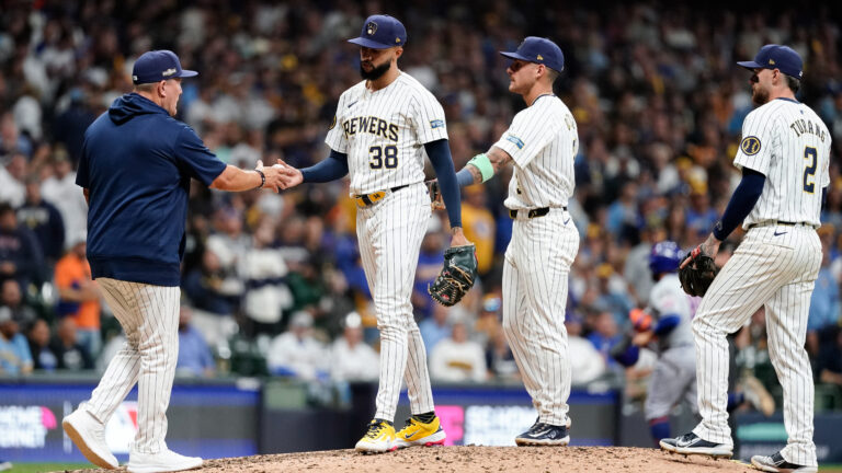MILWAUKEE, WI - OCTOBER 03: Devin Williams #38 of the Milwaukee Brewers exits the game in the ninth inning during Game 3 of the Wild Card Series presented by T-Mobile 5G Home Internet between the New York Mets and the Milwaukee Brewers at American Family Field on Thursday, October 3, 2024 in Milwaukee, Wisconsin. (Photo by Aaron Gash/MLB Photos via Getty Images)