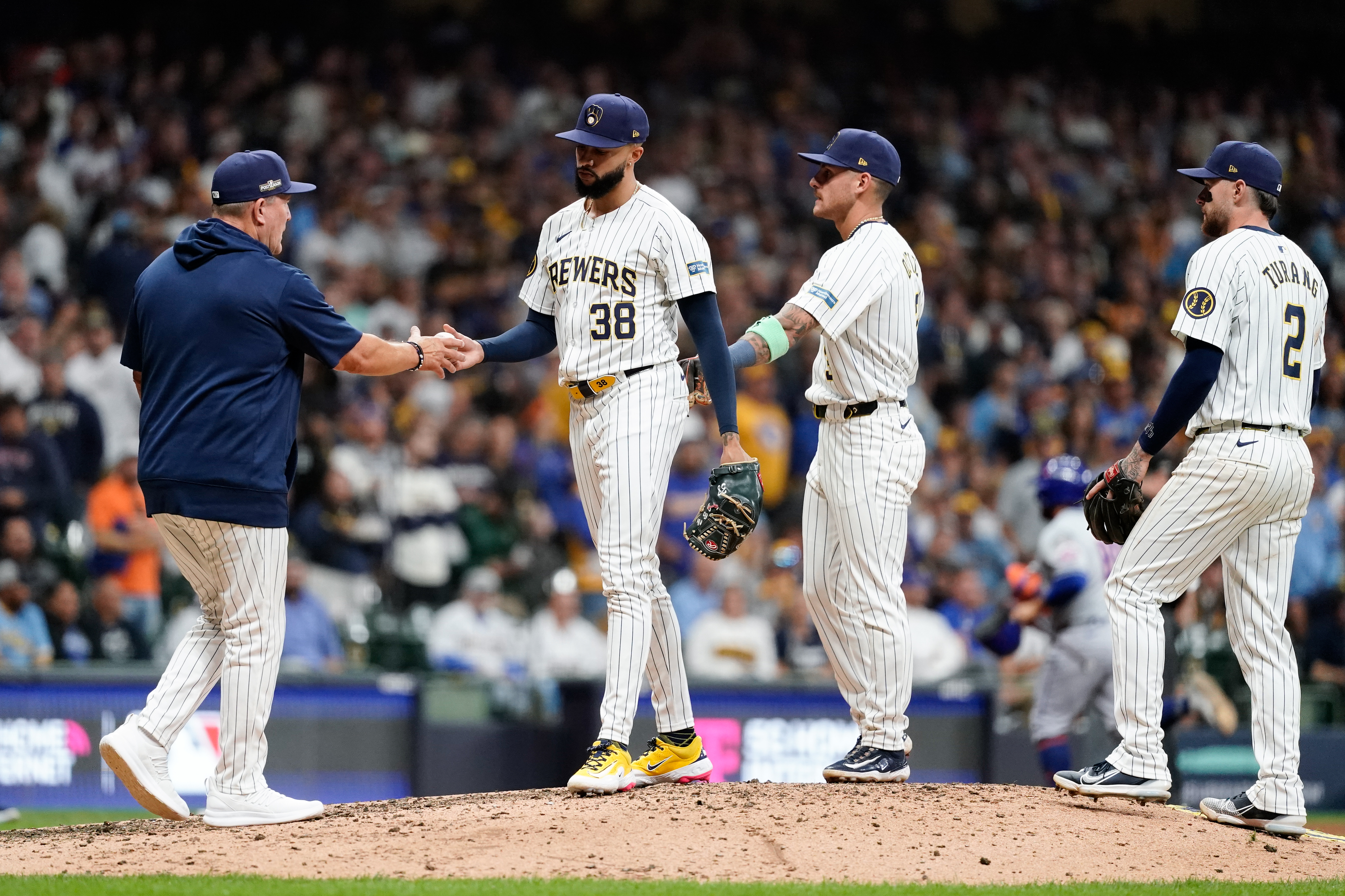 MILWAUKEE, WI - OCTOBER 03: Devin Williams #38 of the Milwaukee Brewers exits the game in the ninth inning during Game 3 of the Wild Card Series presented by T-Mobile 5G Home Internet between the New York Mets and the Milwaukee Brewers at American Family Field on Thursday, October 3, 2024 in Milwaukee, Wisconsin. (Photo by Aaron Gash/MLB Photos via Getty Images)
