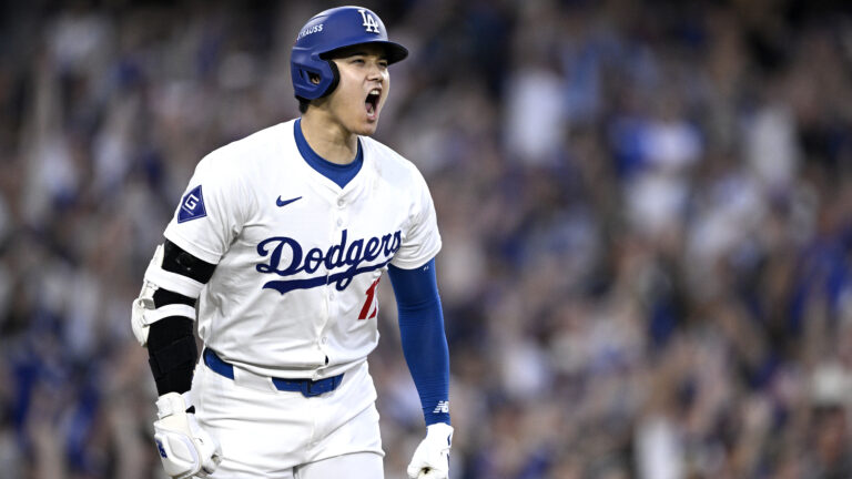 Shohei Ohtani, who will one day make the Hall of Fame, celebrates a three run home run during the second inning against the San Diego Padres in Game One of the Division Series at Dodger Stadium on October 05, 2024 in Los Angeles, California. (Photo by Orlando Ramirez/Getty Images)