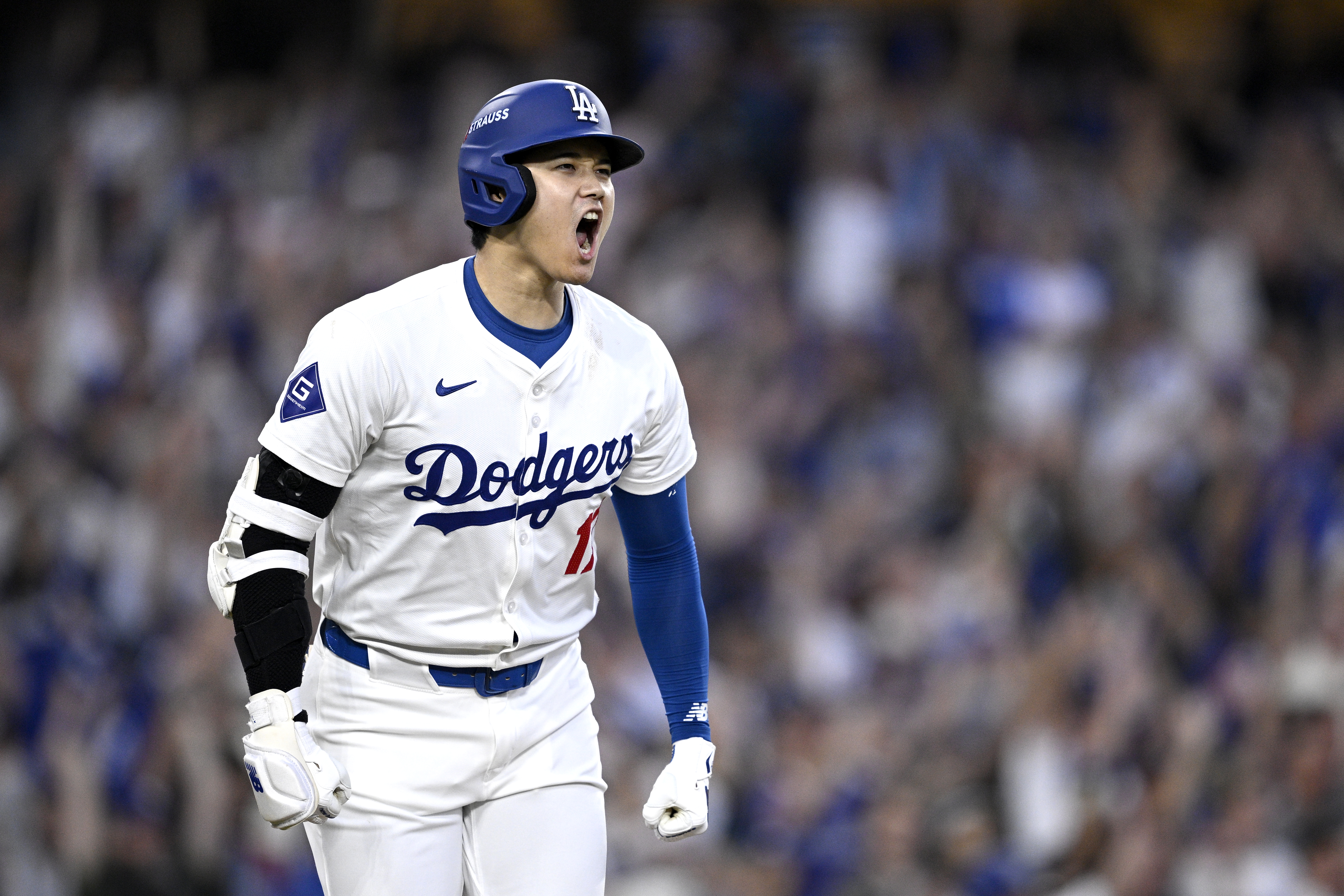 Shohei Ohtani, who will one day make the Hall of Fame, celebrates a three run home run during the second inning against the San Diego Padres in Game One of the Division Series at Dodger Stadium on October 05, 2024 in Los Angeles, California. (Photo by Orlando Ramirez/Getty Images)