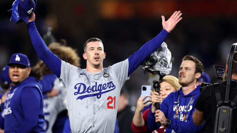 Walker Buehler of the Los Angeles Dodgers celebrates after Dodgers defeated the New York Yankees 7-6 in game 5 to win the 2024 World Series at Yankee Stadium.