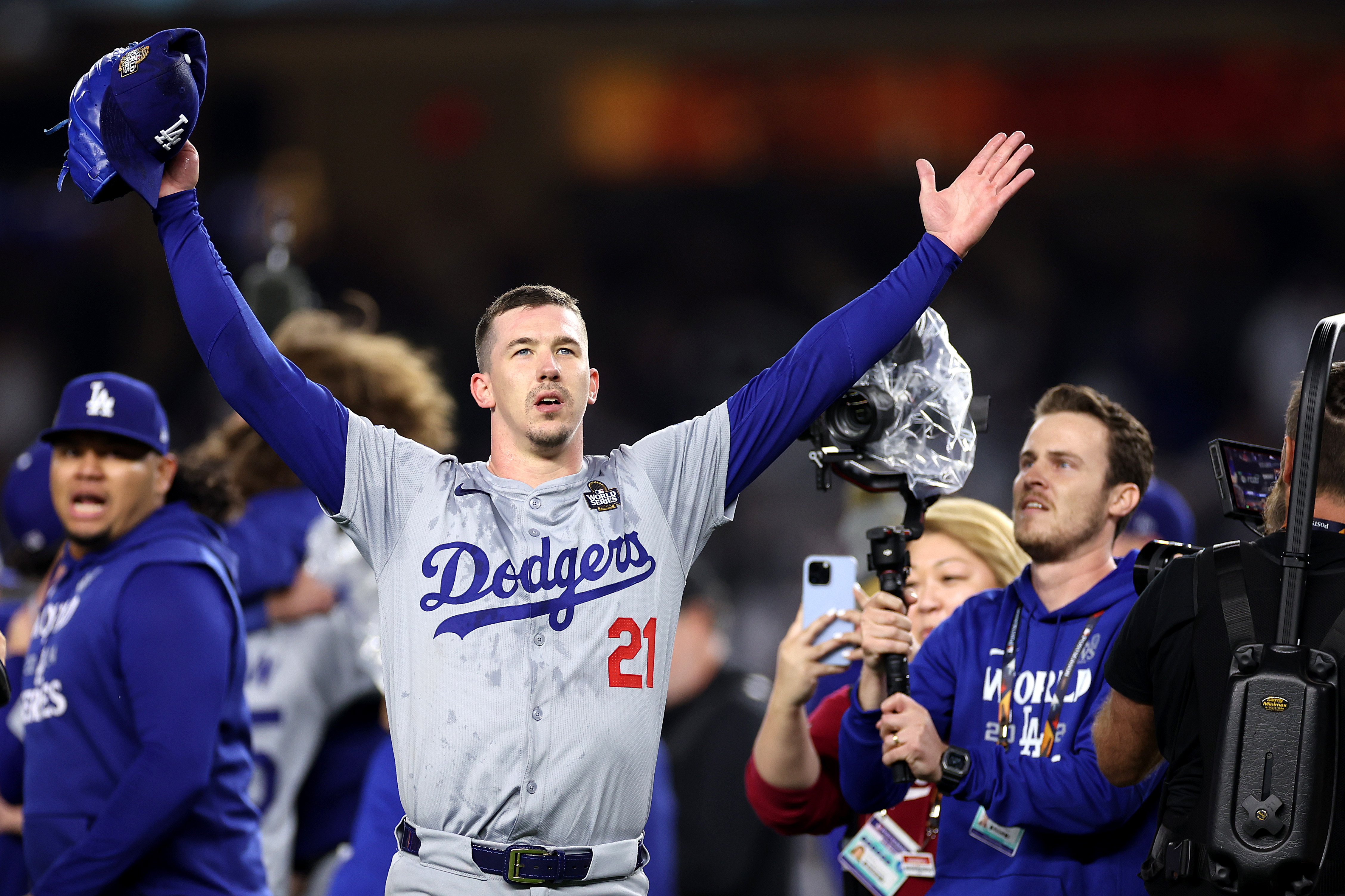 Walker Buehler of the Los Angeles Dodgers celebrates after Dodgers defeated the New York Yankees 7-6 in game 5 to win the 2024 World Series at Yankee Stadium.