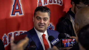 Anaheim, CA - November 15: Angeles general manager Perry Minasian answers reporters' questions after introducing Angels new manager Ron Washington during an introduction news conference at Angel Stadium in Anaheim Wednesday, Nov. 15, 2023. (Allen J. Schaben / Los Angeles Times via Getty Images)