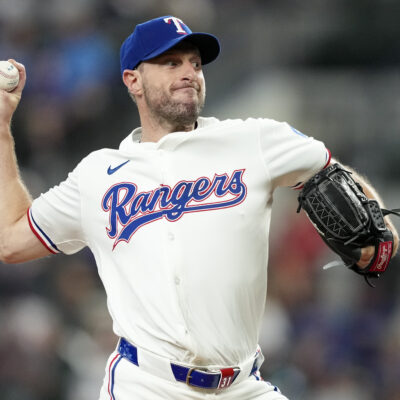 Max Scherzer of the Texas Rangers pitches during the first inning against the Chicago White Sox at Globe Life Field.