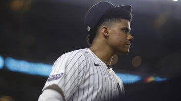 NEW YORK, NY - AUGUST 02: Juan Soto #22 of the New York Yankees looks on during the game between the Toronto Blue Jays and the New York Yankees at Yankee Stadium on Friday, August 2, 2024 in New York, New York. (Photo by Rob Tringali/MLB Photos via Getty Images)