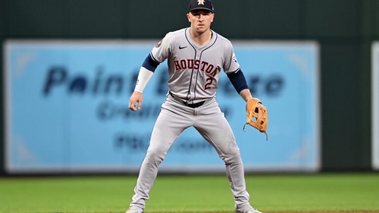 Alex Bregman #2 of the Houston Astros plays third base against the Baltimore Orioles at Oriole Park at Camden Yards.