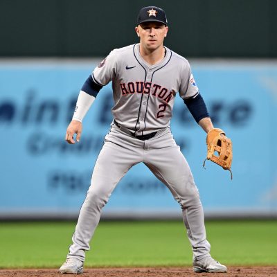 Alex Bregman #2 of the Houston Astros plays third base against the Baltimore Orioles at Oriole Park at Camden Yards.