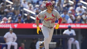 TORONTO, ON - SEPTEMBER 15: Nolan Arenado #28 of the St. Louis Cardinals hits a single against the Toronto Blue Jays during the sixth inning in their MLB game at the Rogers Centre on September 15, 2024 in Toronto, Ontario, Canada. (Photo by Mark Blinch/Getty Images)