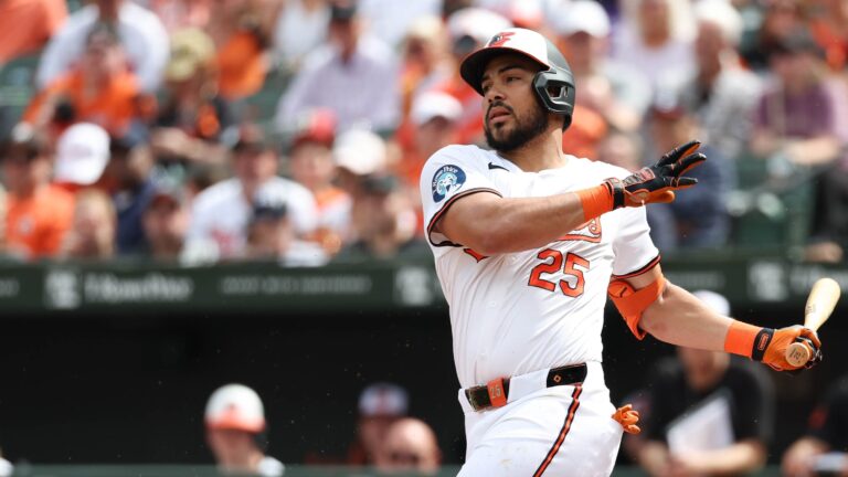 Anthony Santander of the Baltimore Orioles bats in the first inning during the game between the Detroit Tigers and the Baltimore Orioles at Oriole Park at Camden Yards.