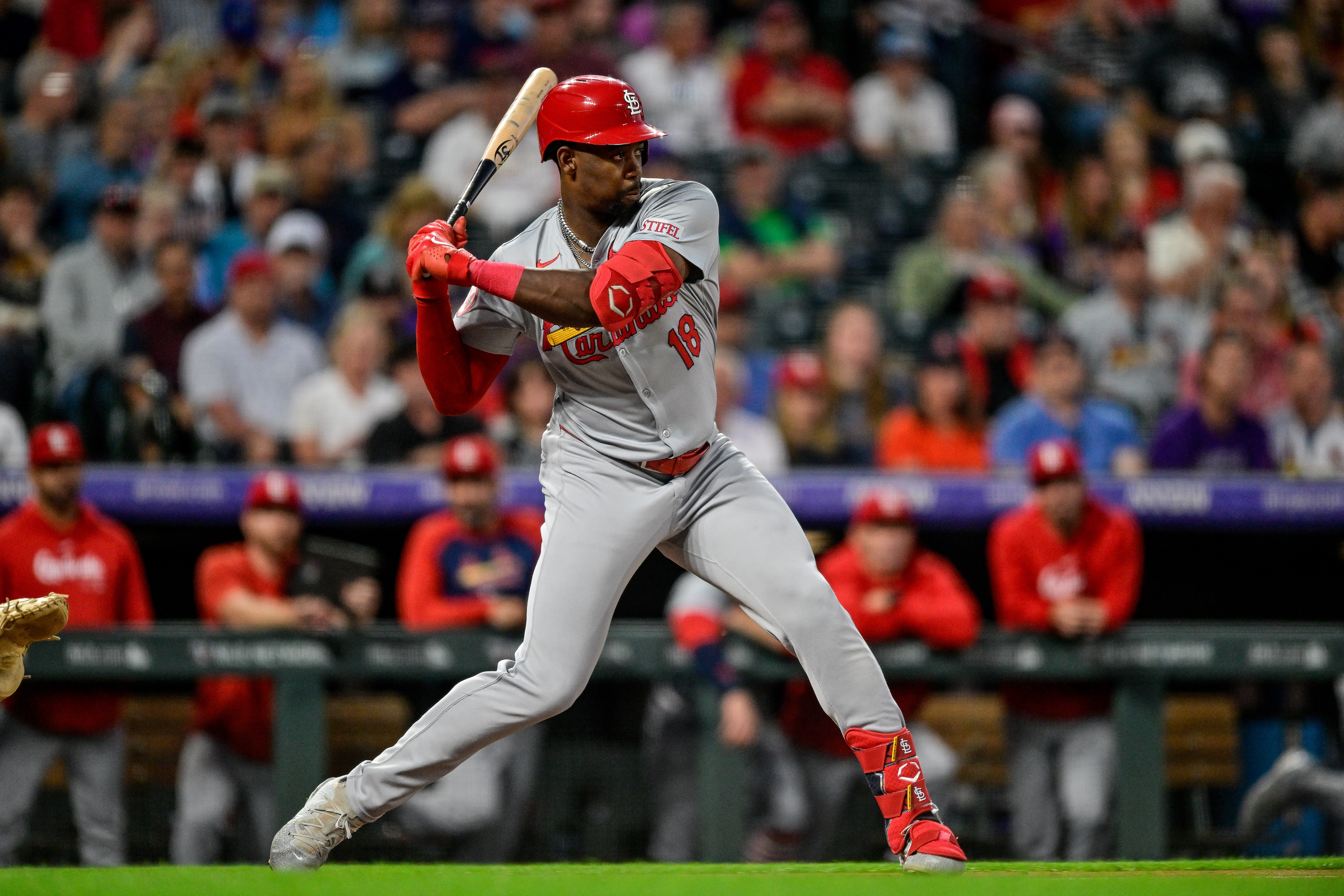 DENVER, CO - SEPTEMBER 24: St. Louis Cardinals outfielder Jordan Walker (18) bats in the second inning during a game between the St. Louis Cardinals and the Colorado Rockies at Coors Field on September 24, 2024 in Denver, Colorado. (Photo by Dustin Bradford/Icon Sportswire via Getty Images)