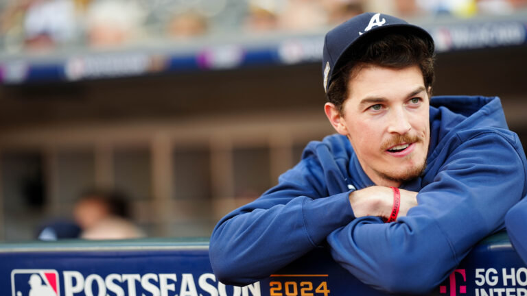 Max Fried of the Atlanta Braves looks on from the dugout prior to Game 1 of the Wild Card Series presented by T-Mobile 5G Home Internet between the Atlanta Braves and the San Diego Padres at Petco Park.