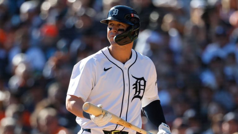 Former top prospect, Spencer Torkelson of the Detroit Tigers, reacts after striking out in the second inning against the Cleveland Guardians during Game Three of the Division Series at Comerica Park.