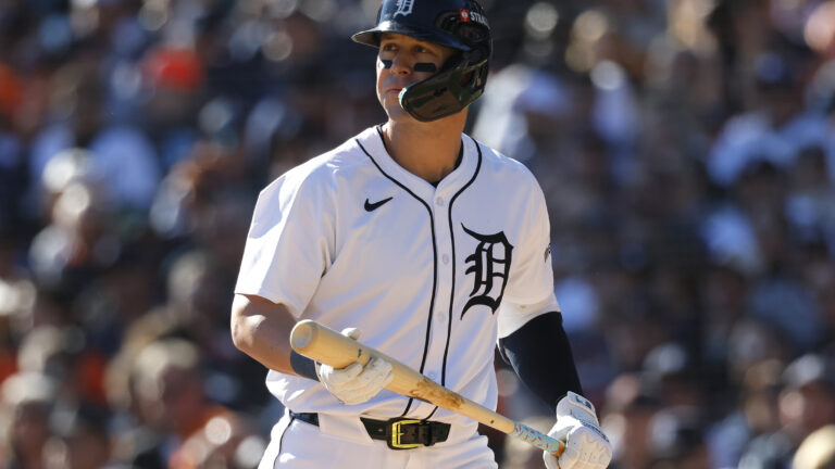 Former top prospect, Spencer Torkelson of the Detroit Tigers, reacts after striking out in the second inning against the Cleveland Guardians during Game Three of the Division Series at Comerica Park.