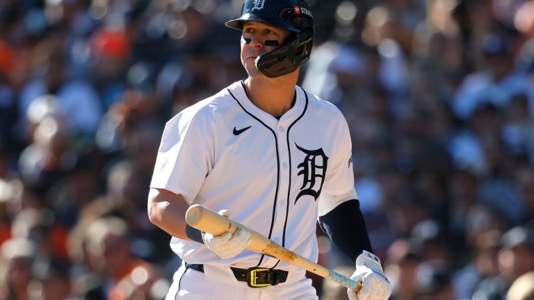 DETROIT, MICHIGAN - OCTOBER 09: Former top prospect, Spencer Torkelson #20 of the Detroit Tigers, reacts after striking out in the second inning against the Cleveland Guardians during Game Three of the Division Series at Comerica Park on October 09, 2024 in Detroit, Michigan. (Photo by Duane Burleson/Getty Images)
